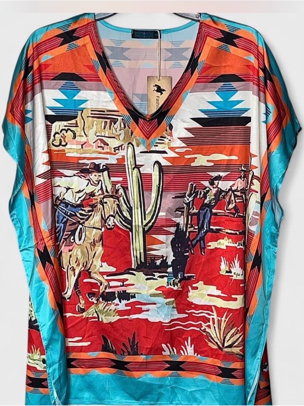 Aztec Western V-Neck Tunic Top in Teal and Red